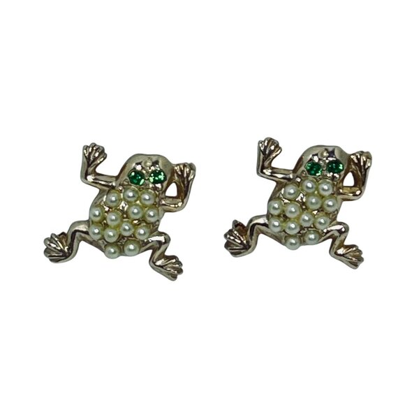 Unbranded Jewelry - Vintage Gold Tone & Faux Pearl Frog Pins With Green Rhinestone Eyes (5645)
